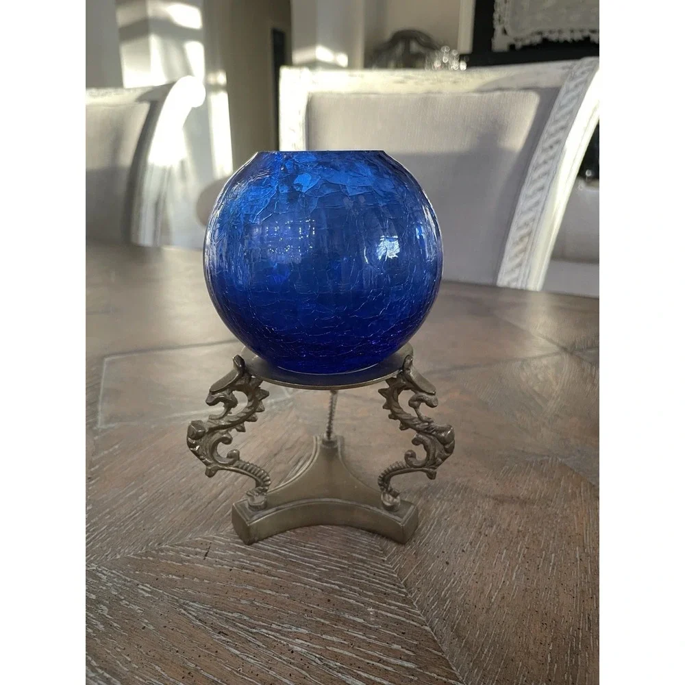 Vintage Cobalt Blue Crackle Glass Rose Bowl on Brass Tripod‎ Base Stand 7